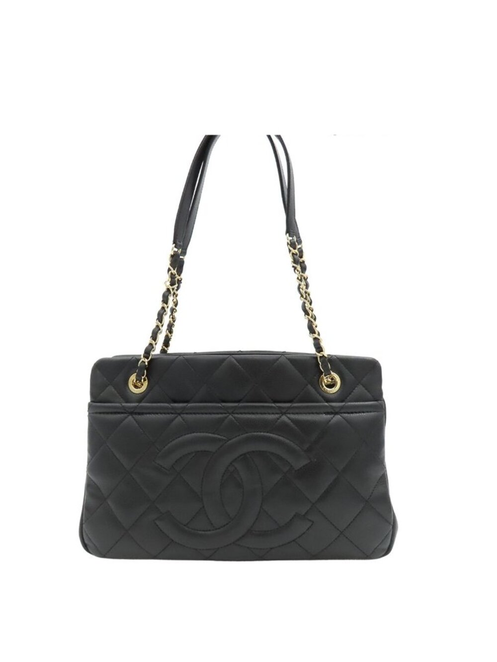 Chanel Chain Tote Bag Black Caviar Leather Quilted CC Logo